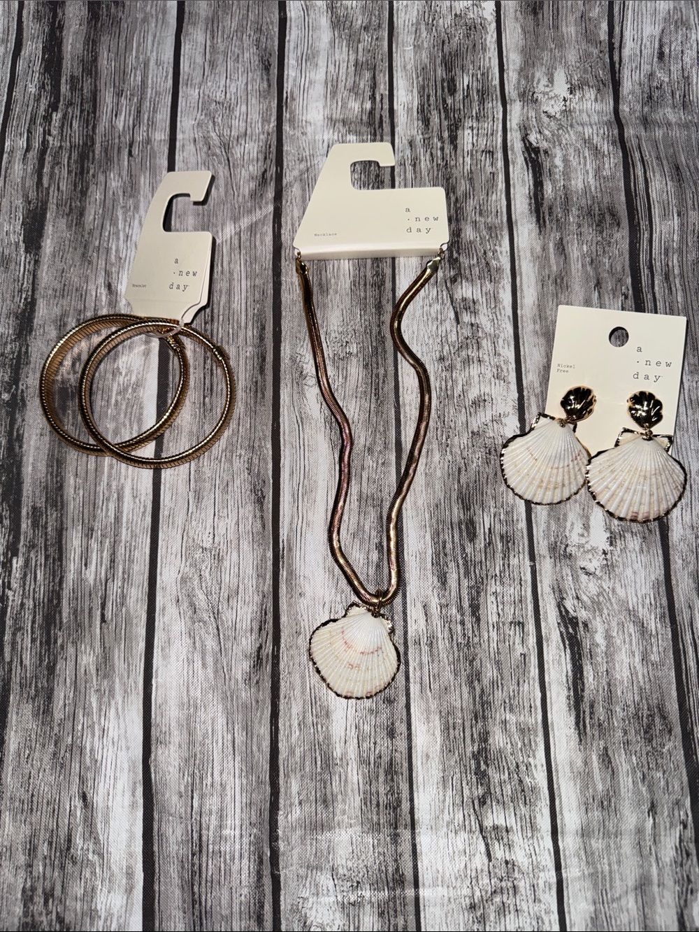 a new day Gold and Pink Shell Necklace and Earring Set with White Shell Pendant